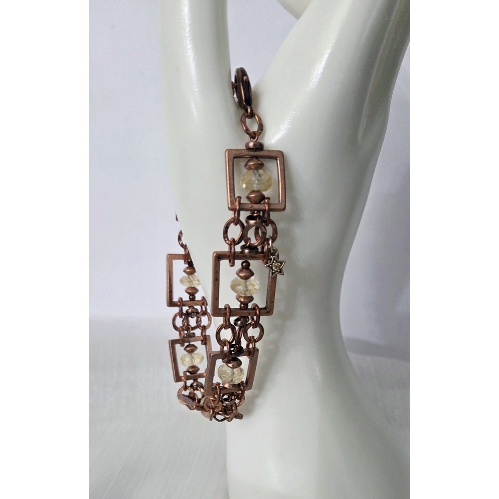 Vintage Copper Open Square Link Bracelet Beaded Caged Faceted Glass Beads RARE